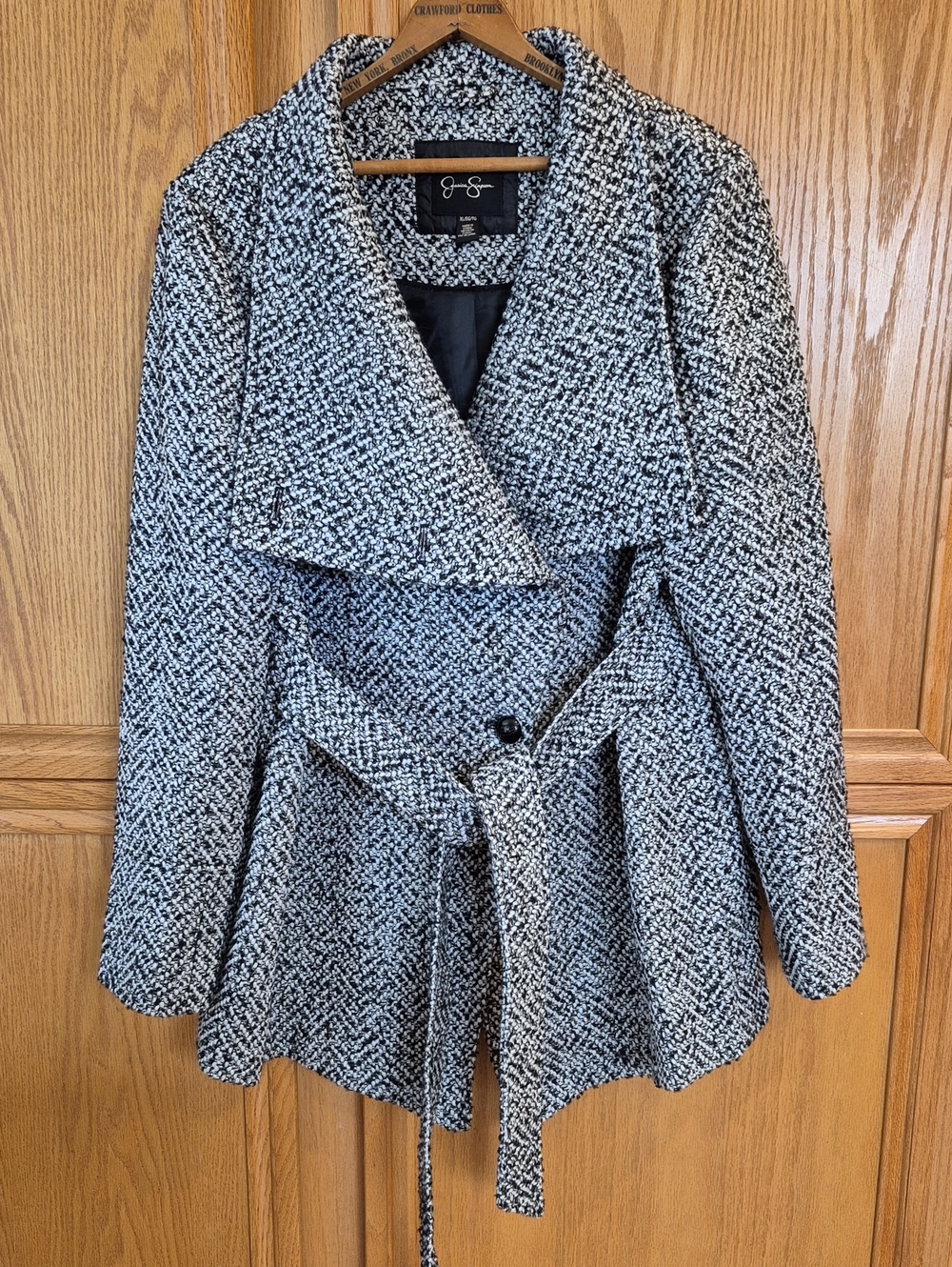 Jessica Simpson Belted Wool Blend Coat Jacket Size XLg Black White Tweed